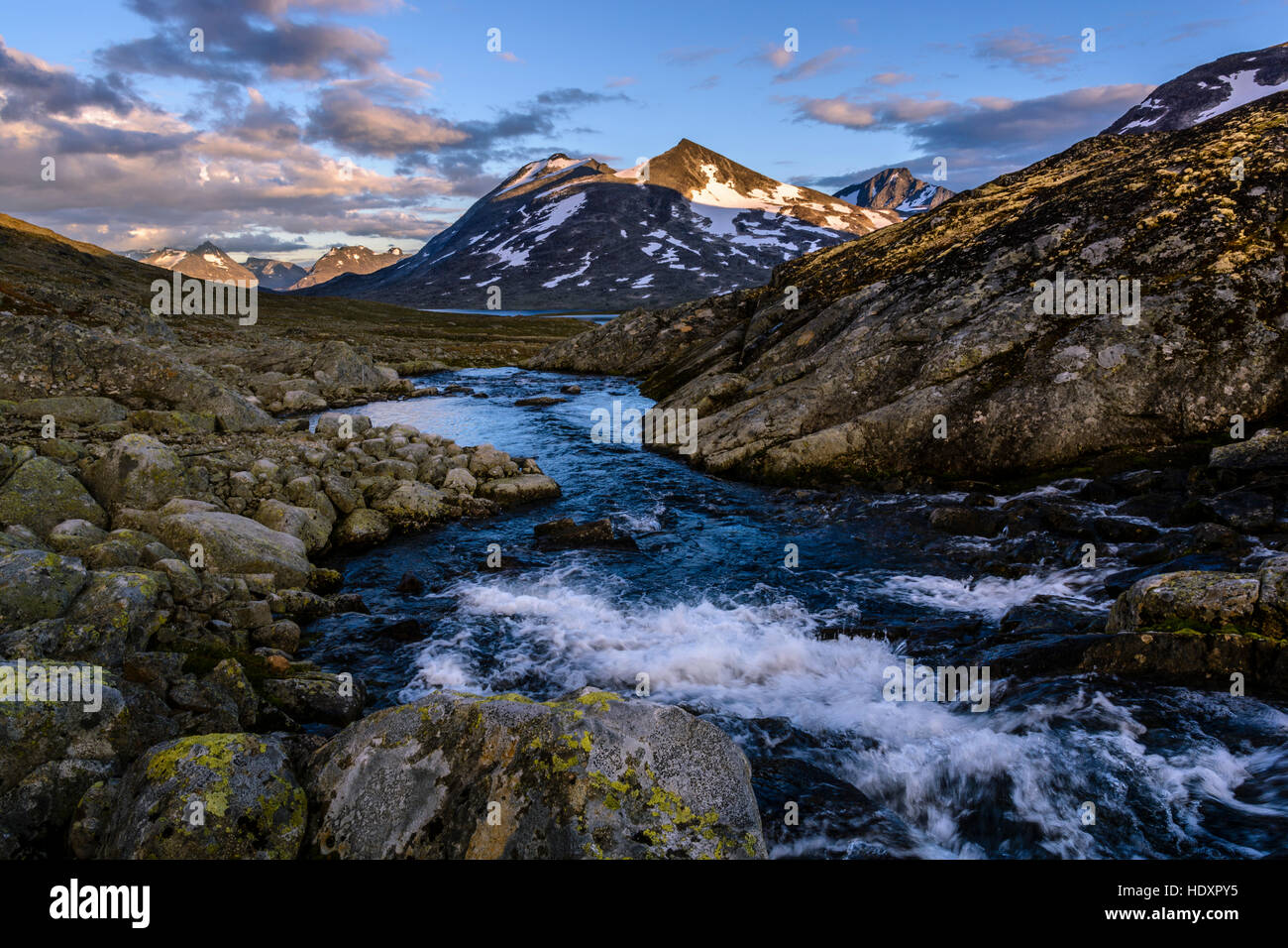 Brook au lac Langvatnet au coucher du soleil, le parc national de Jotunheimen, Norvège Banque D'Images