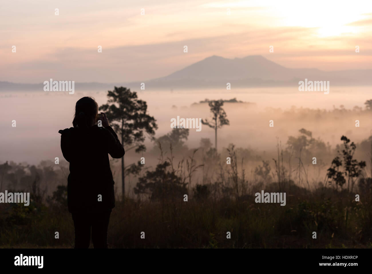 Les femmes asiatiques silhouette photographie prendre une photo avec beau lever de soleil dans le brouillard de l'environnement en forêt à Thung Salaeng Luang Parc National Pr Phetchabun Banque D'Images
