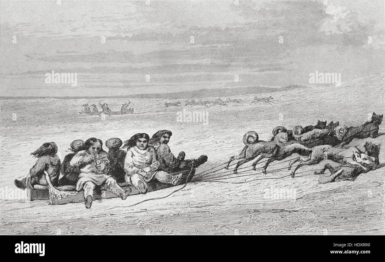 Avec traîneau à chiens esquimaux. Les régions circumpolaires. 19ème siècle gravure sur acier par Vernier et Lemaitre direxit. Banque D'Images