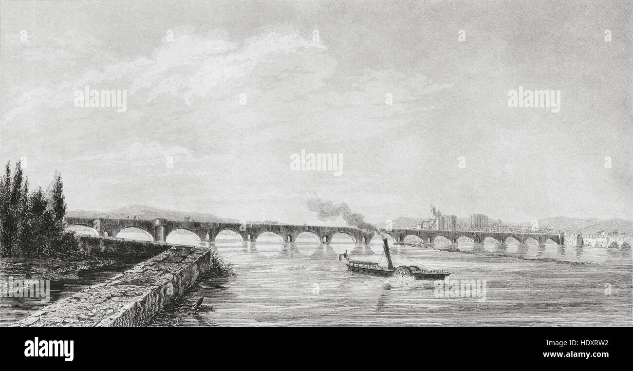 Pont-Saint-Esprit et le fleuve Rhône avec pont médiéval du XIII siècle, France. 19ème siècle gravure sur acier par Breton. Banque D'Images