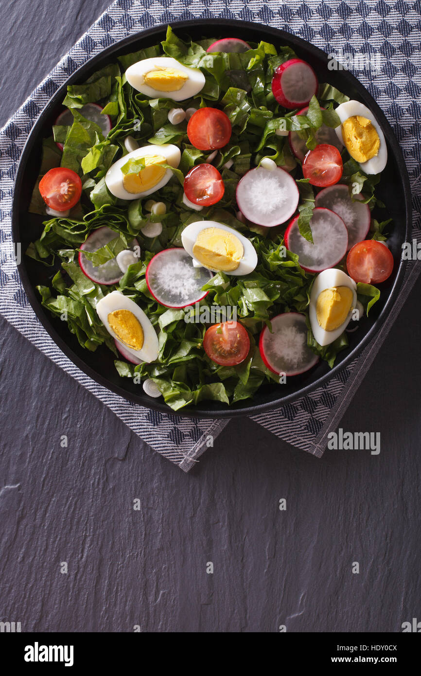 Salade fraîche avec l'oeuf, les radis et l'oseille fermer vers le haut sur la table. vertical vue d'en haut Banque D'Images