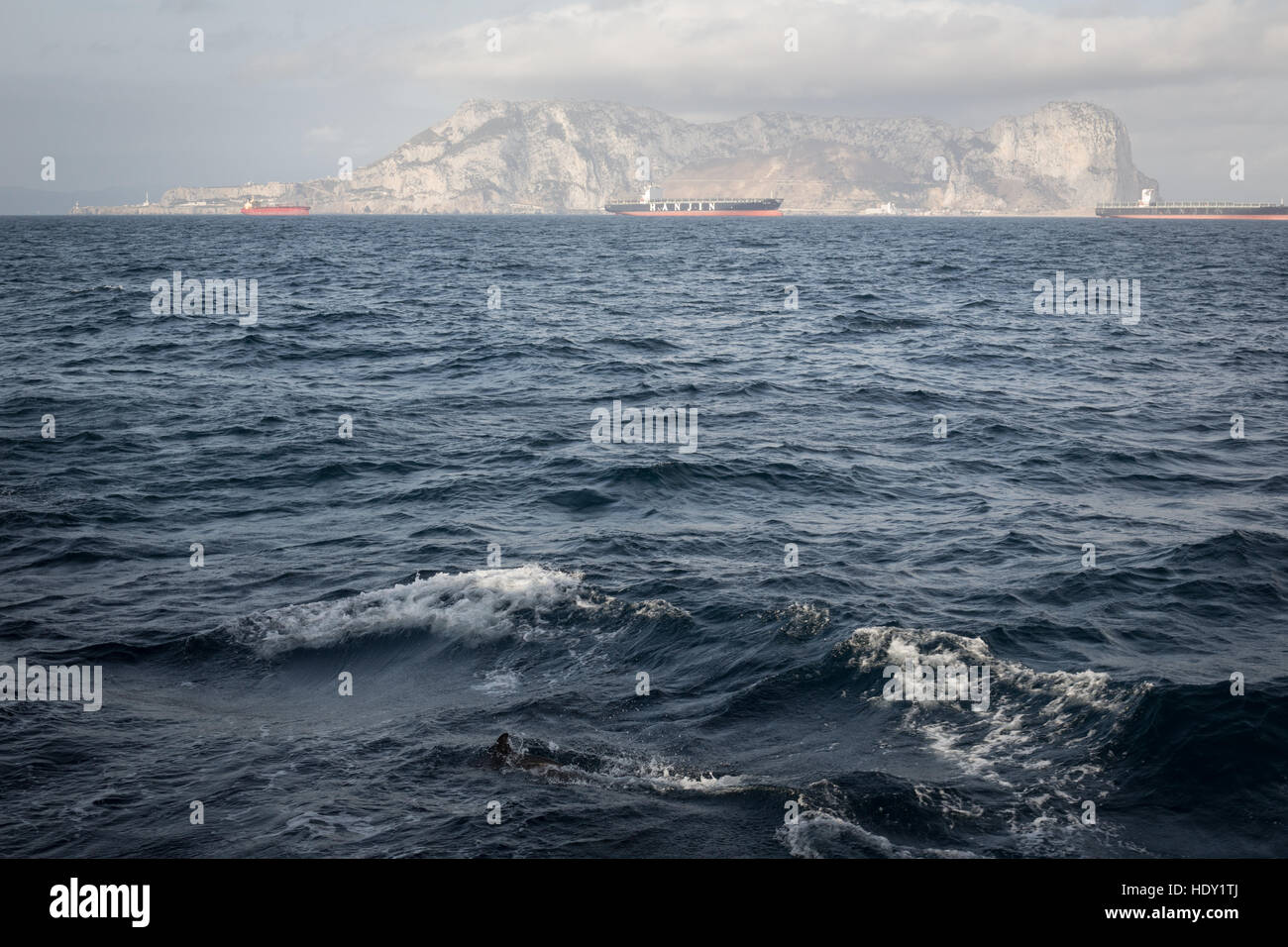 Passant le territoire britannique du Rocher de Gibraltar, dans le détroit de Gibraltar, à l'embouchure de la mer Méditerranée. Banque D'Images