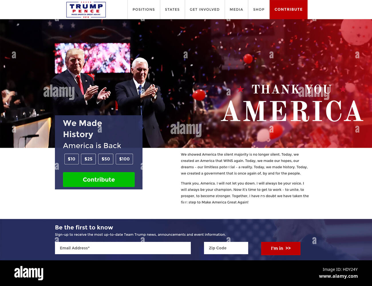 DONALD TRUMP comme président élu américain avec Vice-président élu Mike Pence. Page Web remerciant partisans en décembre 2016. Banque D'Images