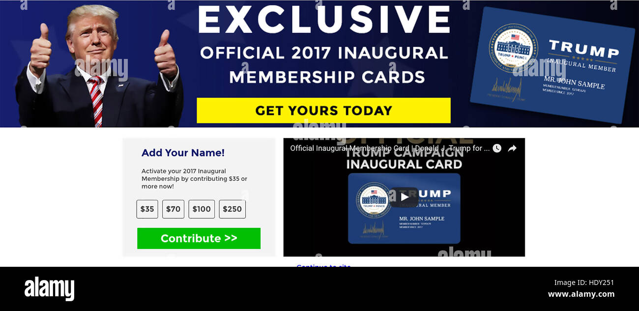 DONALD TRUMP comme-NOUS Président désigné. Page Web en décembre 2016 Inauguration offrant des cartes de membre Banque D'Images