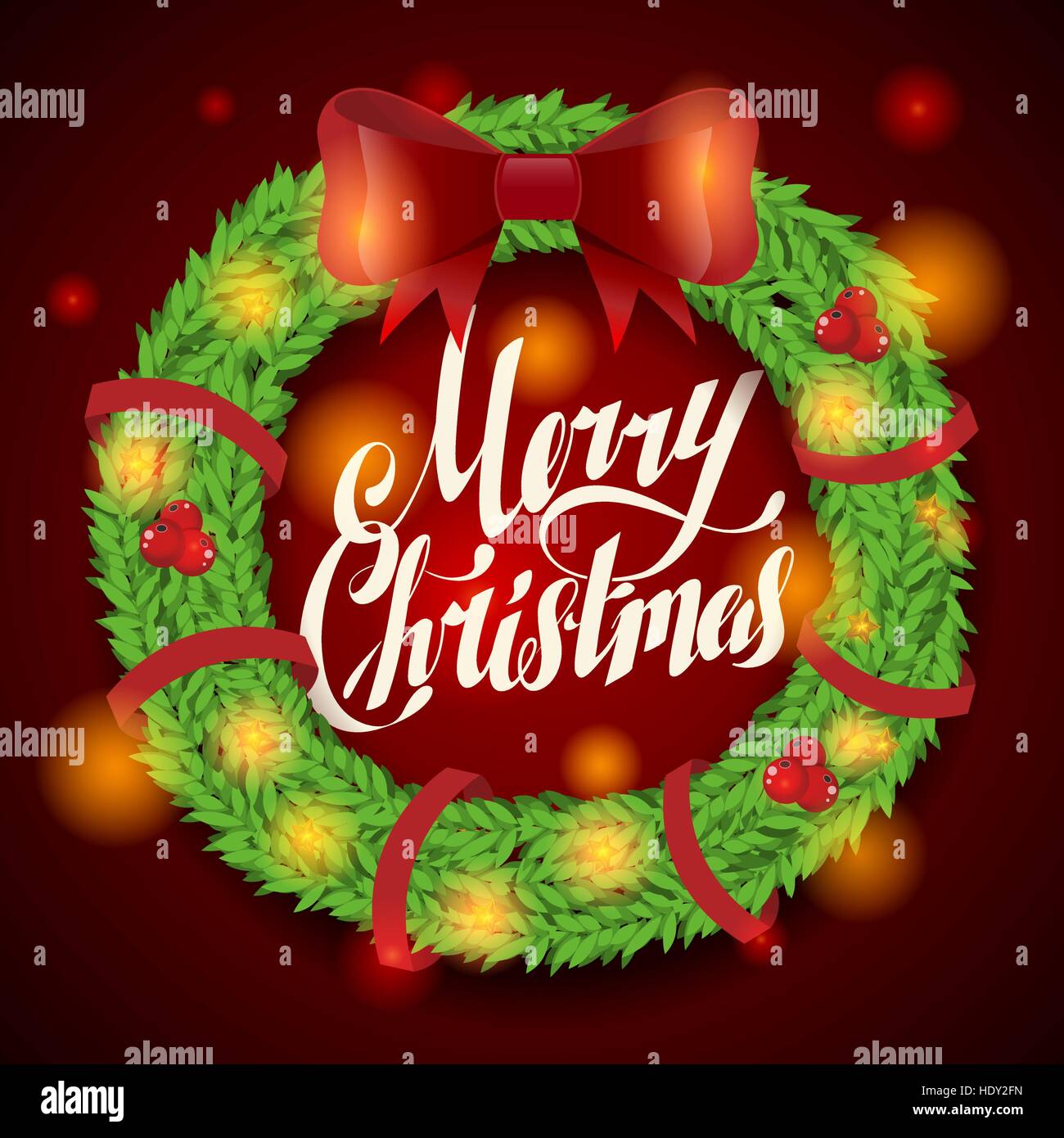 Carte de vœux de Noël et de l'arrière-plan. couronne de guirlandes, lettrage Vector Illustration de Vecteur