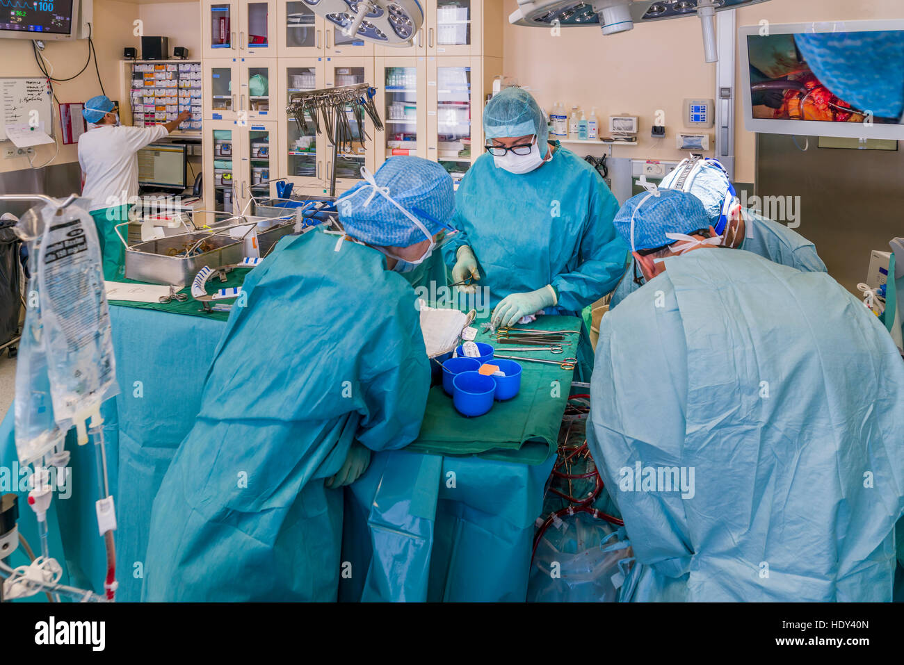 Surgeons-Heart chirurgie de remplacement valvulaire, salle d'opération, Reykjavik, Islande Banque D'Images