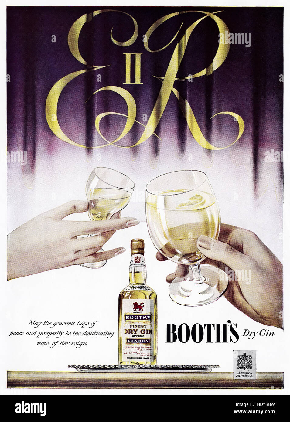 1950 Annonce de l'original de la publicité old vintage 50s magazine anglais daté 1953 Publicité pour Booth Dry Gin célébrant le couronnement de la reine Elizabeth II Banque D'Images