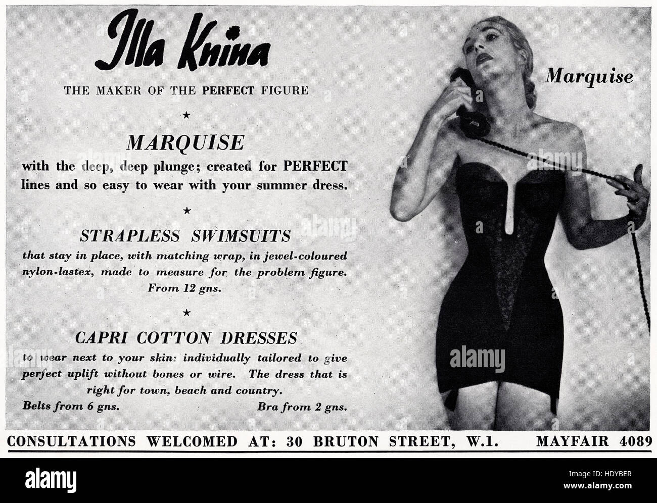 1950 Annonce de la publicité old vintage original du magazine anglais 1953 Publicité pour Illa Knina maillots sans bretelles robe coton & Banque D'Images