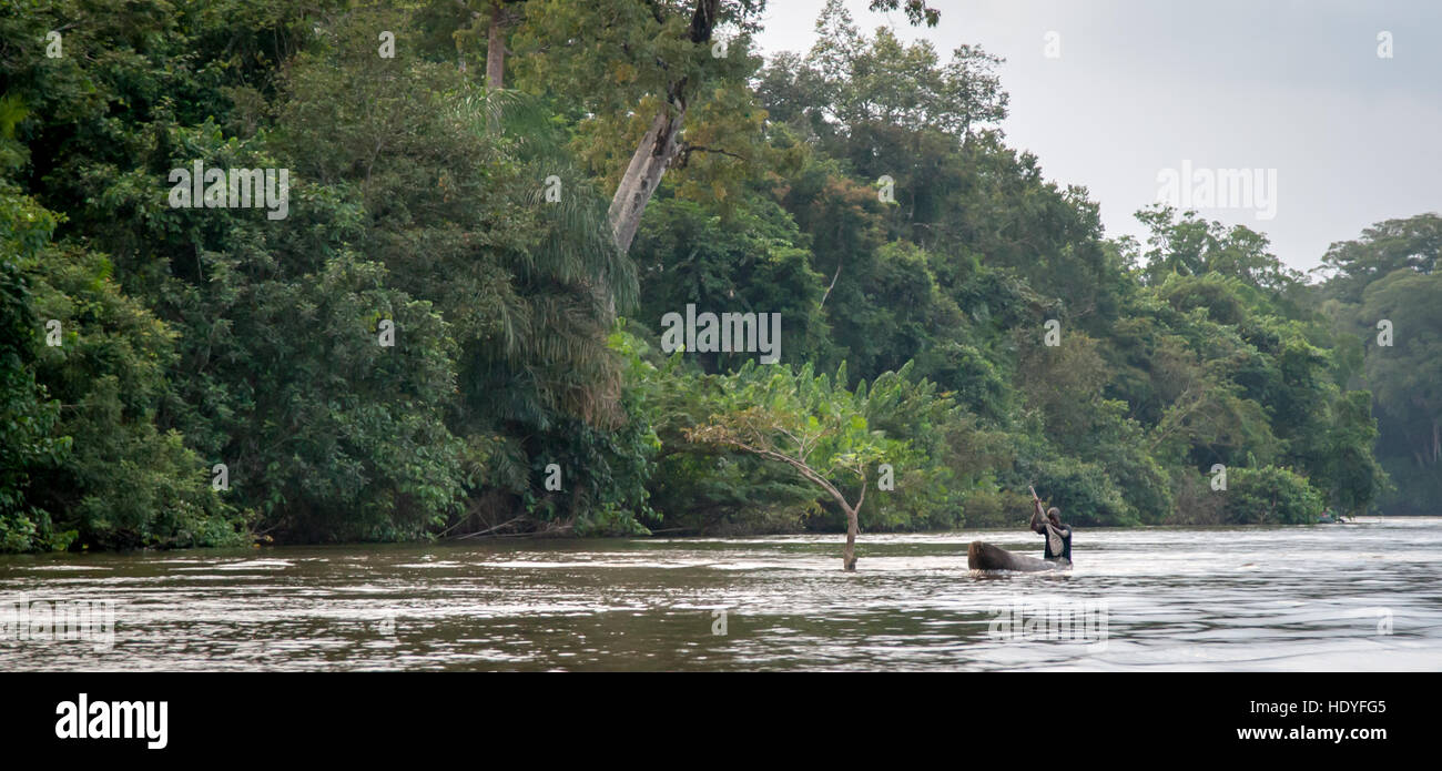 Pêcheur en canoë sur la rivière Moa, Sierra Leone Banque D'Images