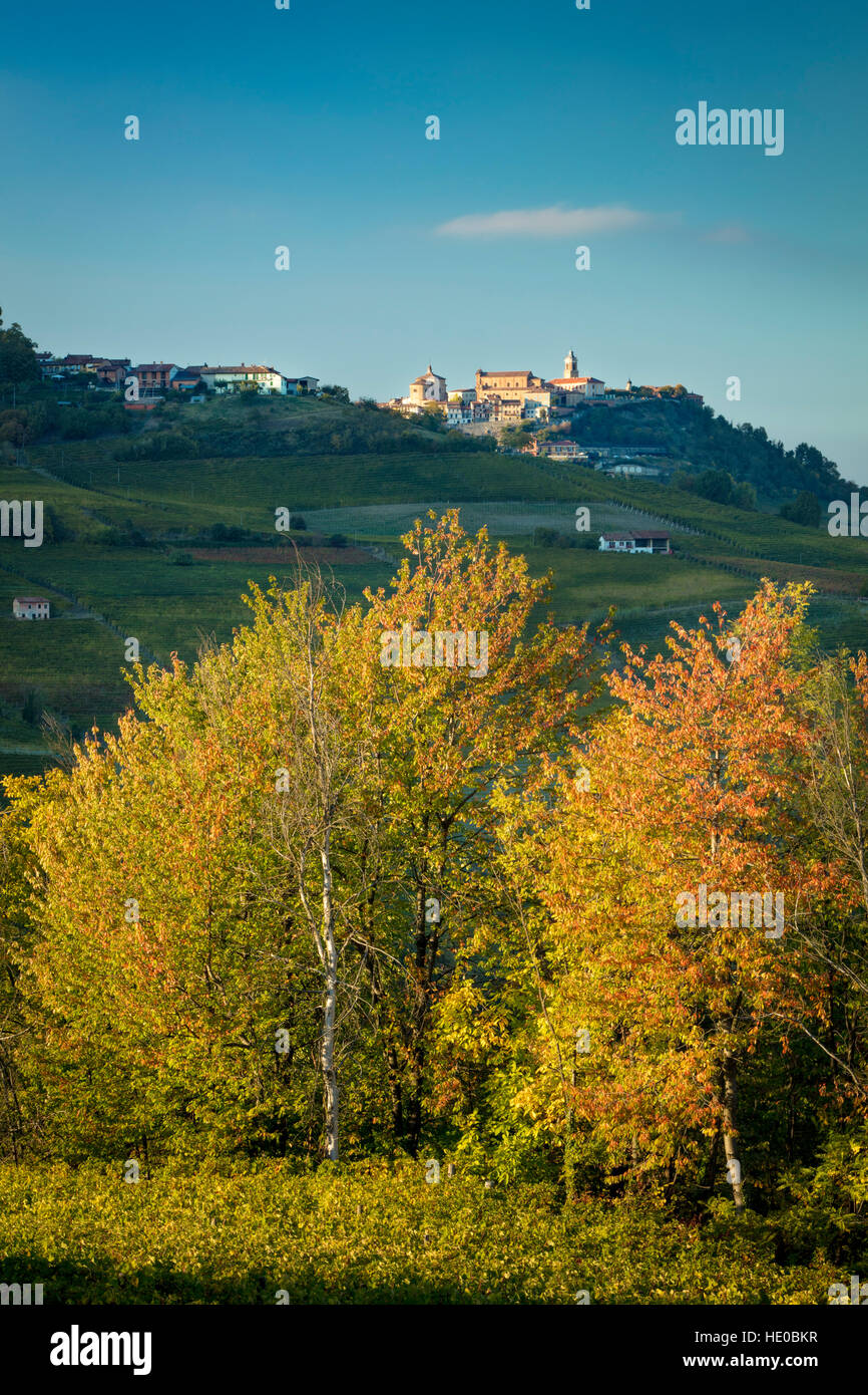 Des arbres présentant automne couleur ci-dessous Ville de La Morra, Piemonte, Italie Banque D'Images