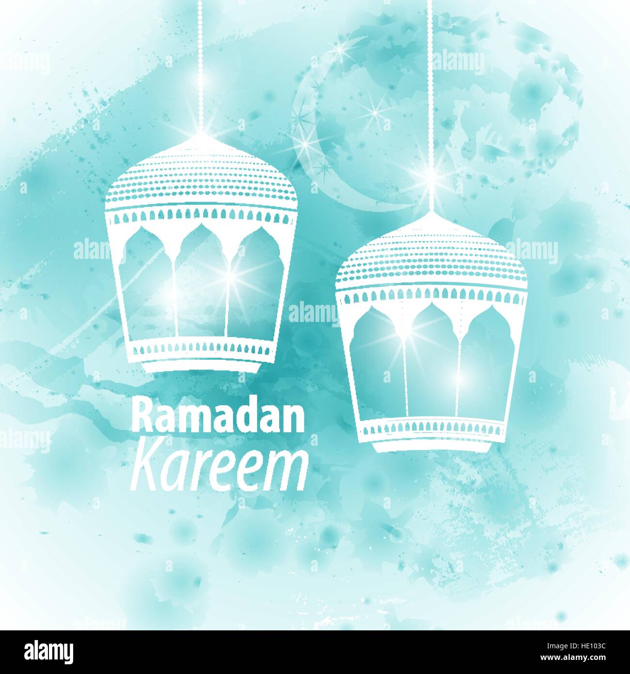 Blob bleu aquarelle illustration Ramadan kareem Moubarak. Belle lanterne stylisé islamique carte de souhaits traditionnelle tient mois saint Illustration de Vecteur
