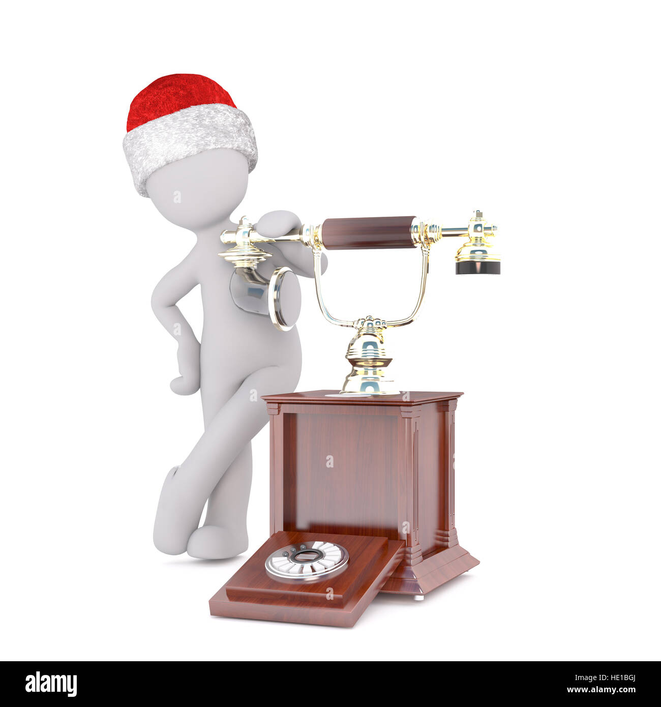3d'un homme portant un chapeau de Noël rouge s'appuyant sur un vieux millésime téléphone reposant sur un socle au-dessus d'une boîte en bois en attente d'un appel, rendu 3D isolés Banque D'Images