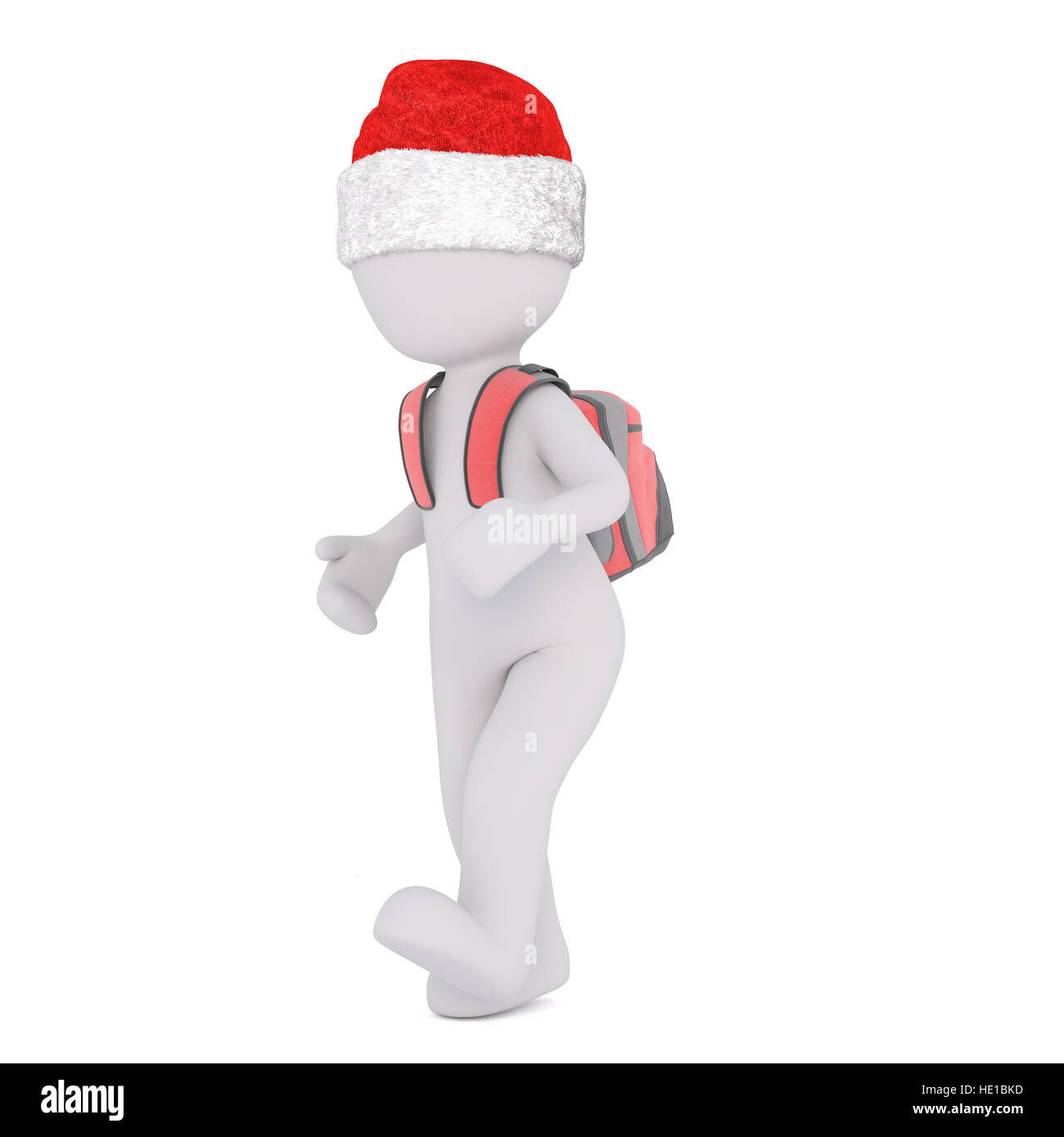 3d man in a red Christmas Santa hat bénéficiant d'une aventure de marcher avec un sac à dos sur son dos, rendu 3D cartoon isolés illustrat Banque D'Images