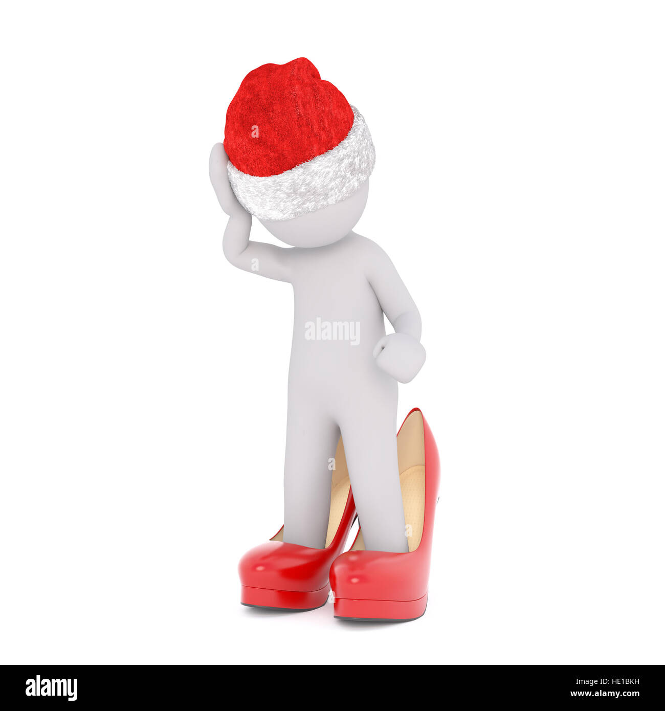 Mignon petit personnage 3D dans une nouvelle paire de très grandes dames de la cour rouge permanent chaussures de rayer sa tête dans Christmas hat, rendu 3D cartoo isolés Banque D'Images Mignon petit personnage 3D dans une nouvelle paire de très grandes dames de la cour rouge permanent chaussures de rayer sa tête dans Christmas hat, rendu 3D cartoo isolés Banque D'Images