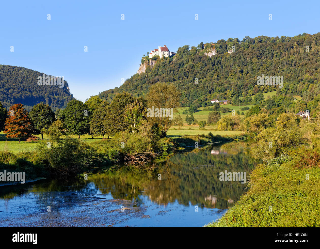 Werenwag château donnant sur le Danube, Beuron, Parc Naturel du Danube supérieur, Jura souabe, Bade-Wurtemberg, Allemagne Banque D'Images