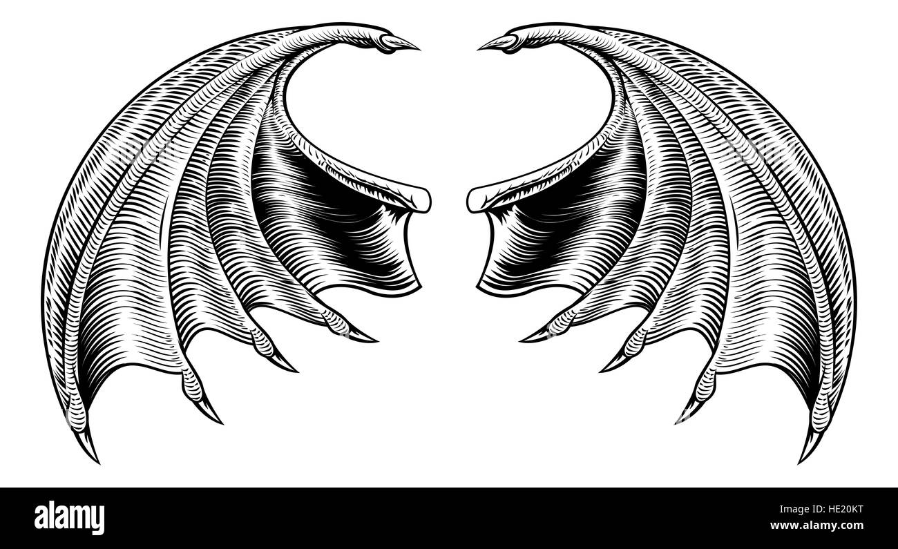 Un démon dragon ou d'ailes de chauve-souris vampire Halloween horreur dans un design vintage style gravure sur bois Banque D'Images