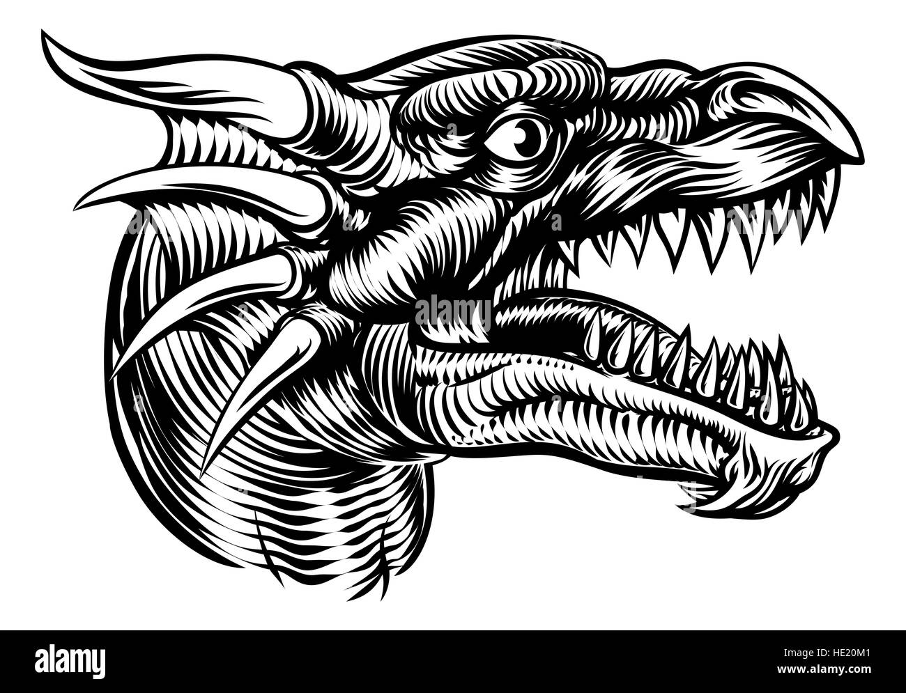 Illustration originale d'un monstre tête de dragon dans un style vintage retro gravure sur bois Banque D'Images