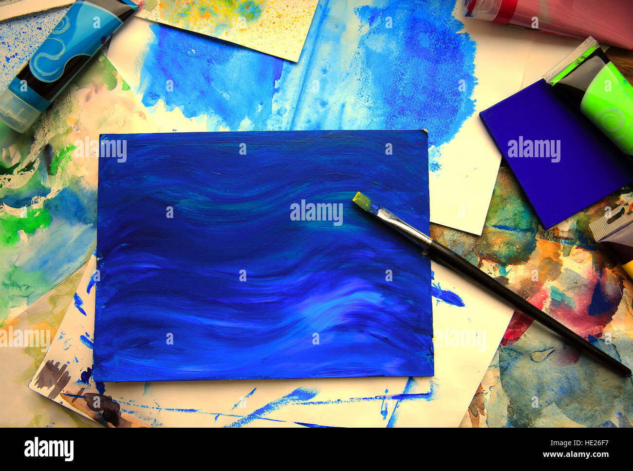 Gros plan du pinceau et peinture d'art Banque D'Images