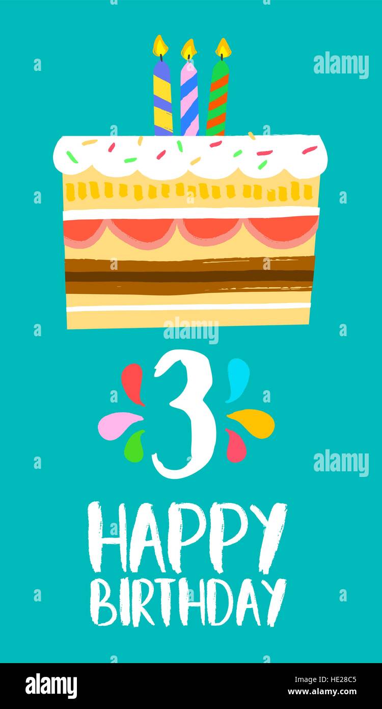 Joyeux anniversaire numéro 3, cartes de vœux pour trois ans dans fun art style avec gâteau et bougies. Invitation d'anniversaire, de félicitations ou de célébrations Illustration de Vecteur