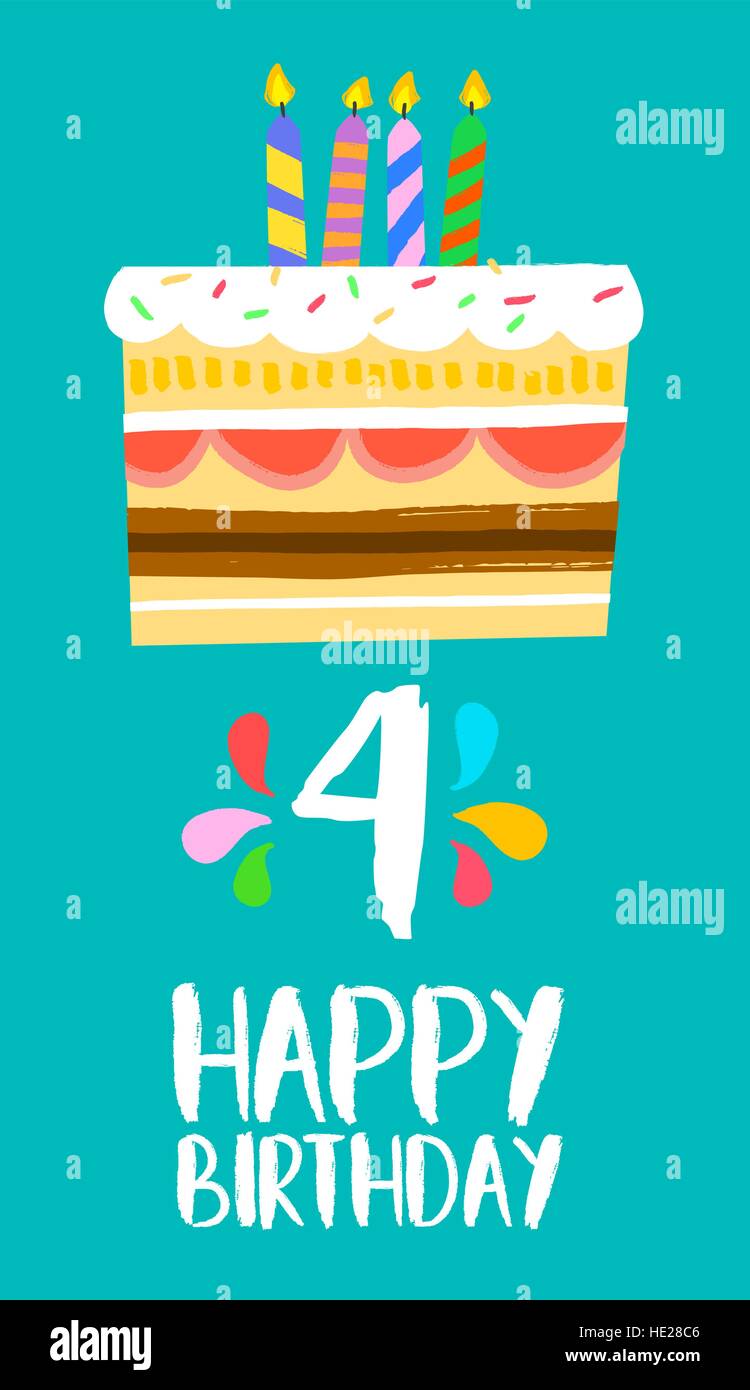 Joyeux anniversaire numéro 4, cartes de vœux depuis quatre ans dans fun art style avec gâteau et bougies. Invitation d'anniversaire, de félicitations ou de célébrations Illustration de Vecteur