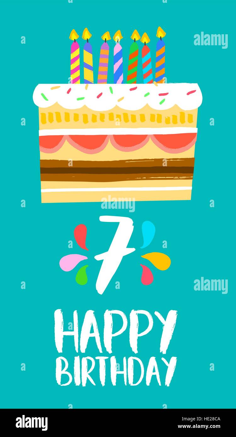 Joyeux anniversaire numéro 7, carte de souhaits pour sept ans de fun art style avec gâteau et bougies. Invitation d'anniversaire, de félicitations ou de célébrations Illustration de Vecteur