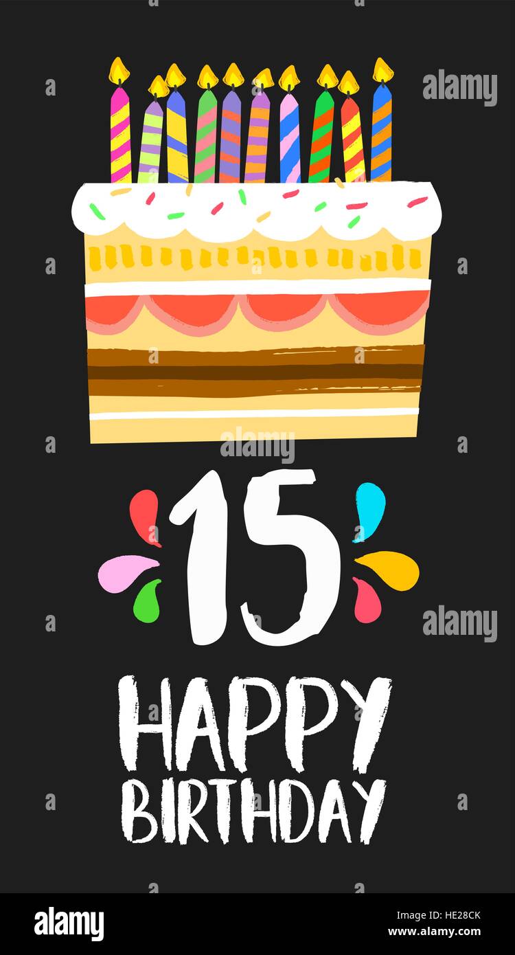 Joyeux anniversaire numéro 15, carte de souhaits pendant quinze ans dans fun art style avec gâteau et bougies. Invitation anniversaire, félicitations Illustration de Vecteur
