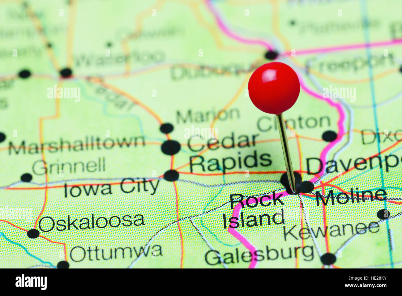 Rock Island sur une carte de l'Iowa, États-Unis Banque D'Images