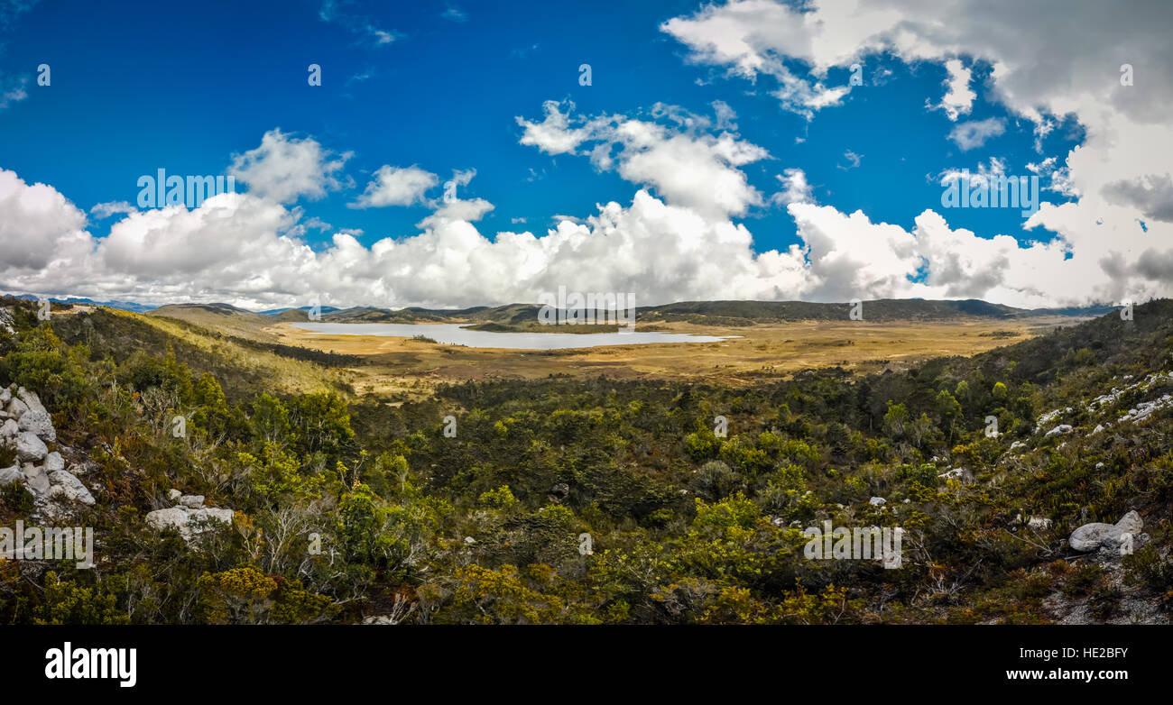 Vue panoramique de la vallée avec le lac à distance en Trikora, Papouasie, Indonésie. C'est zone, rarement visités par les gens. Banque D'Images
