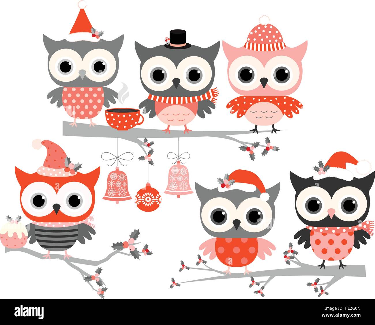 Cute owl oiseaux d'hiver en rouge et gris avec des chapeaux et foulards debout sur les branches d'arbres avec Holly Illustration de Vecteur