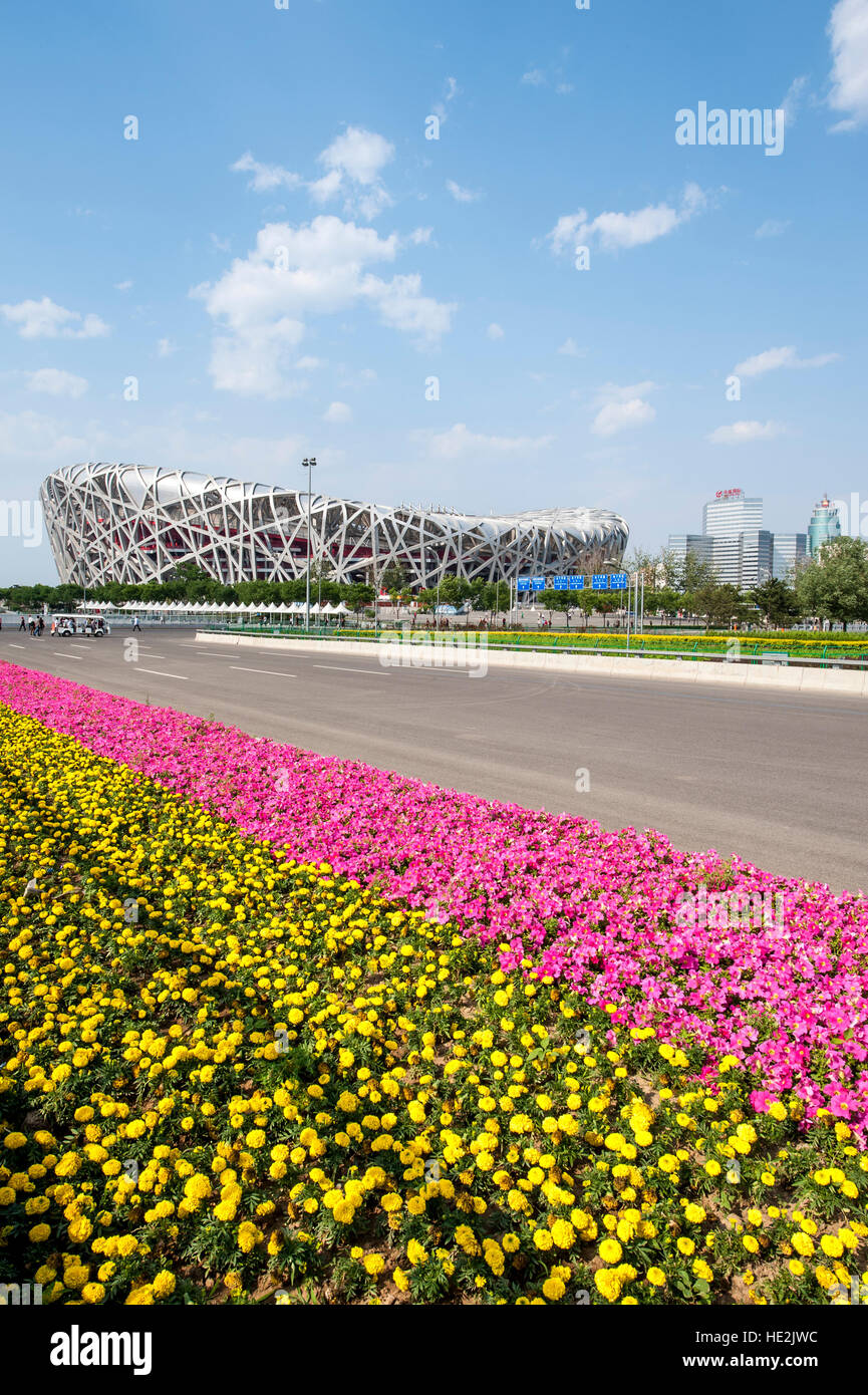 Stade national de Pékin ou nid d'oiseau du Parc olympique de Beijing en Chine. Banque D'Images