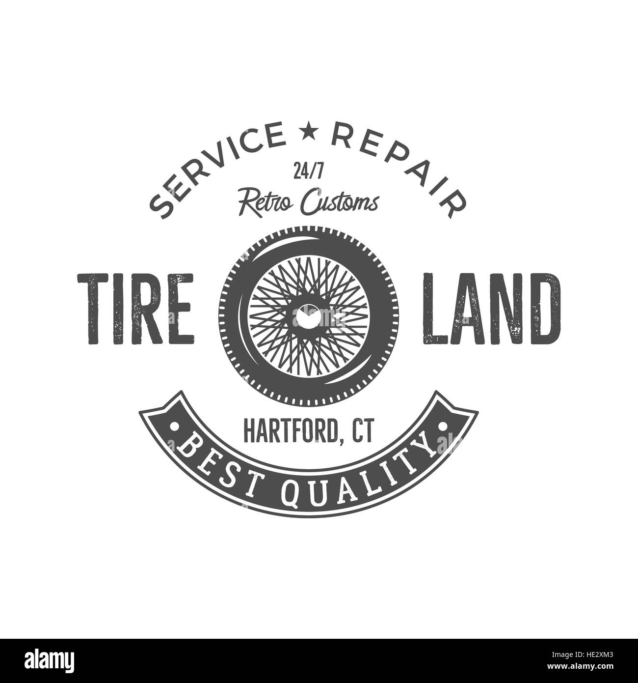 Vintage design de l'étiquette. Emblème du service de pneus en monochrome style rétro avec de vieux éléments de roue et typographie. Bon pour tee shirt imprime, logo voiture station de réparation, , d'un insigne, etc. Banque D'Images