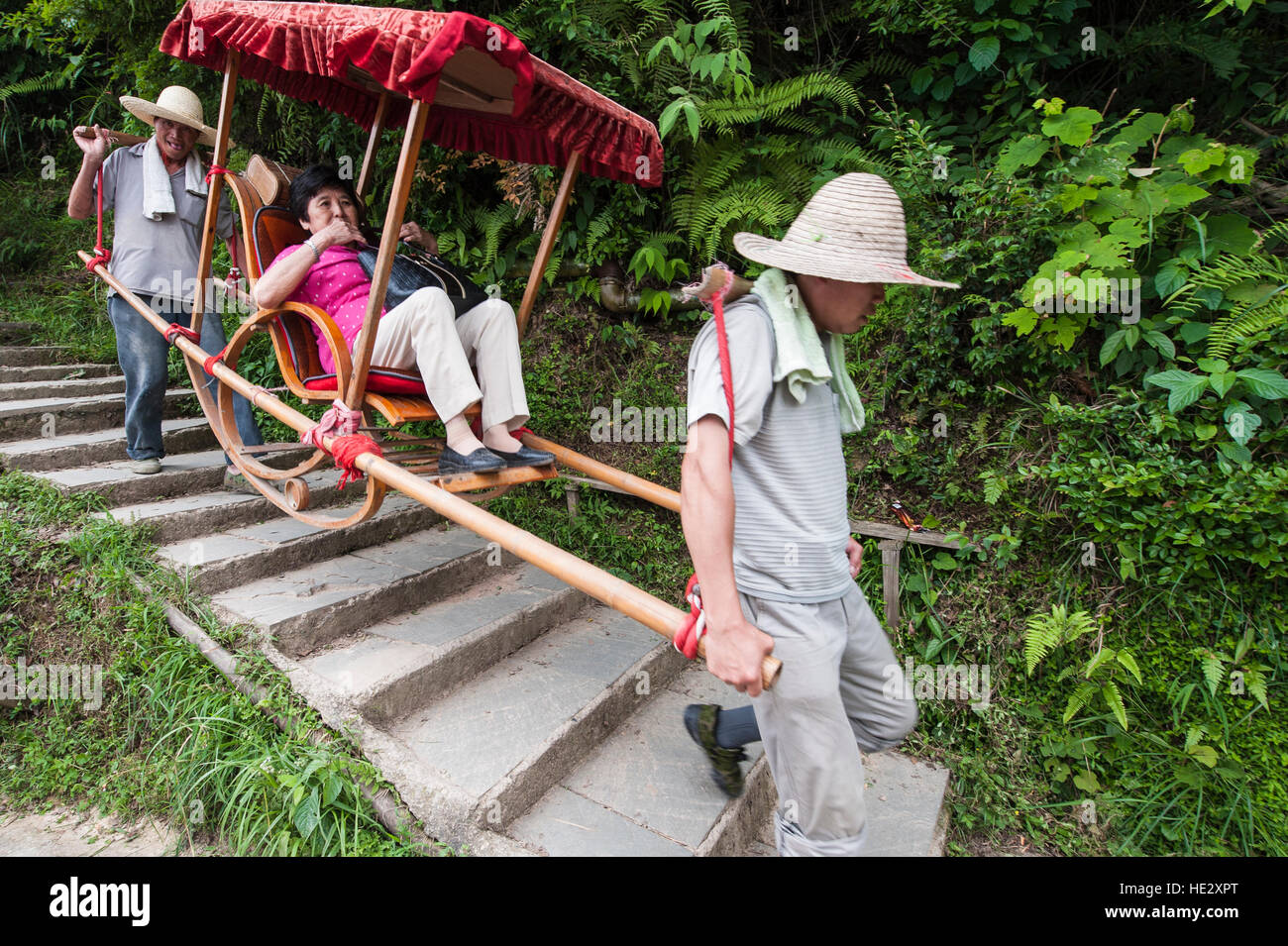 Chaise à porteurs portée Longsheng Longji terrasses de riz dos Dragon champs sur colline Longsheng, Guilin, Guangxi, Chine. Banque D'Images