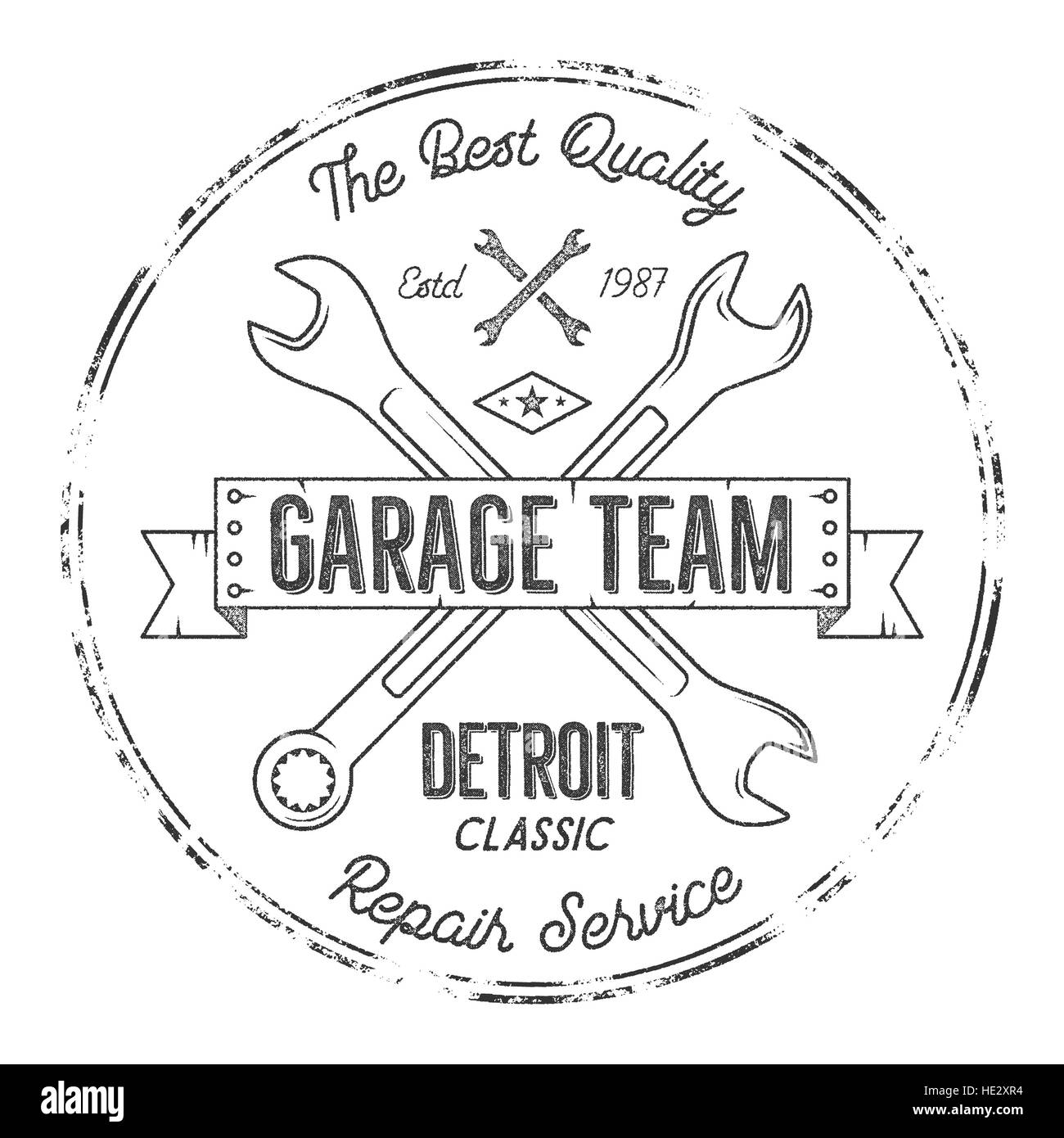 Service de Garage vintage tee design, Detroit, service de réparation classique typographie imprimer. T-shirt noir stamp, teeshirt, art graphique rétro premium. Utiliser comme emblème, logo sur les projets web. Banque D'Images