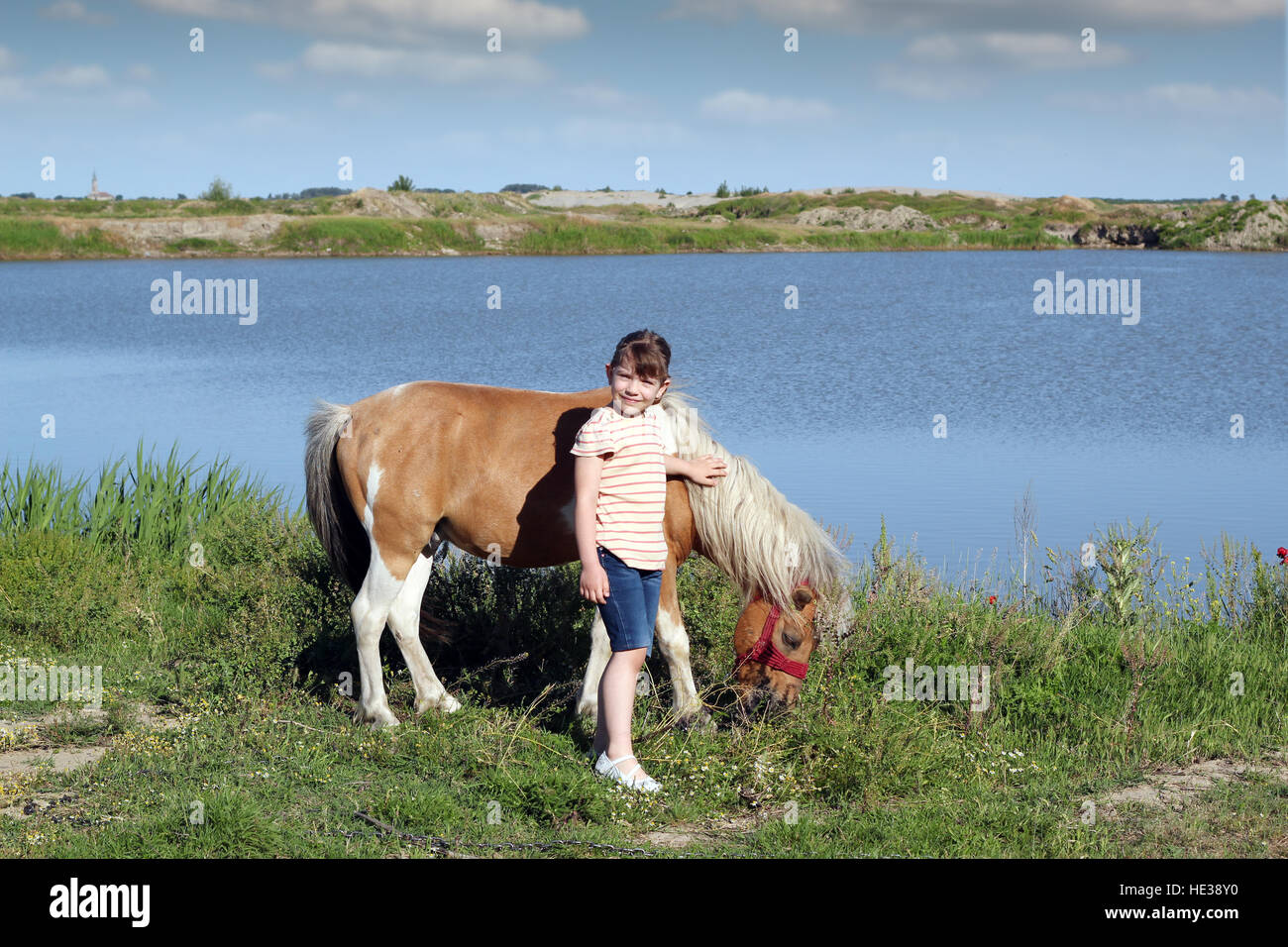 Petite fille et Cheval poney Banque D'Images