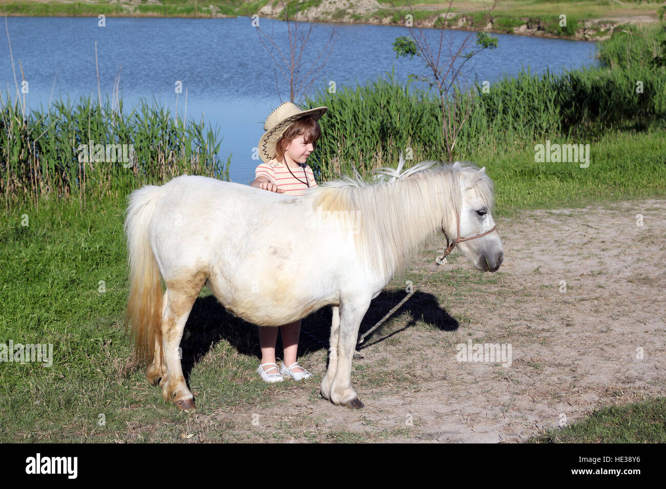 Petite fille et White Horse Banque D'Images