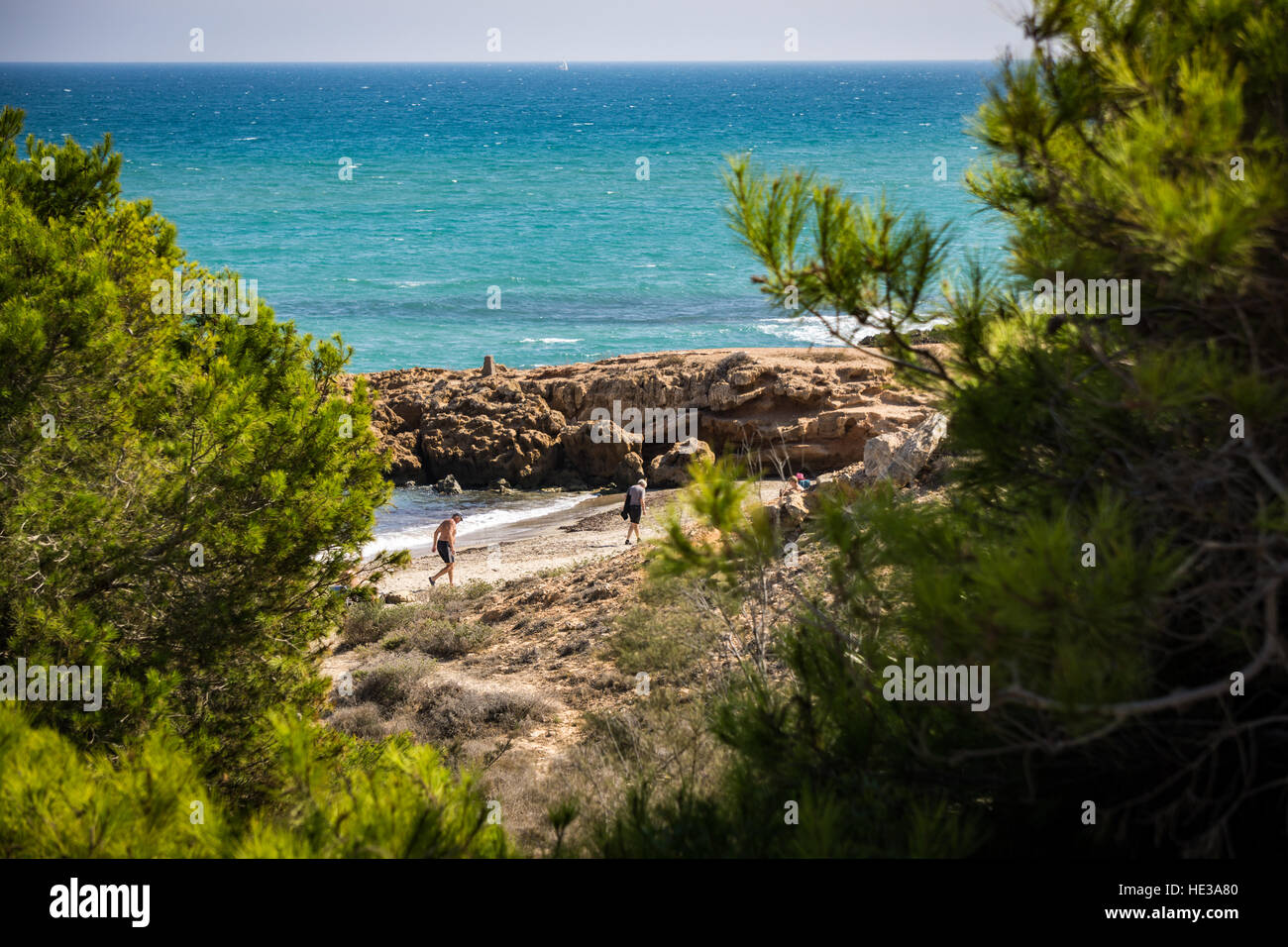 Une vue à travers quelques arbres à deux personnes marchant sur une plage près d'un promontoire rocheux Banque D'Images