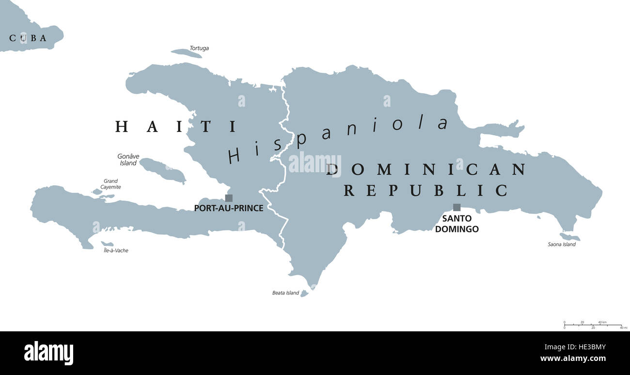Carte politique de l'Hispaniola, également San Domingo. Haïti et la République Dominicaine avec chapiteaux Port-au-Prince et Santo Domingo. Banque D'Images