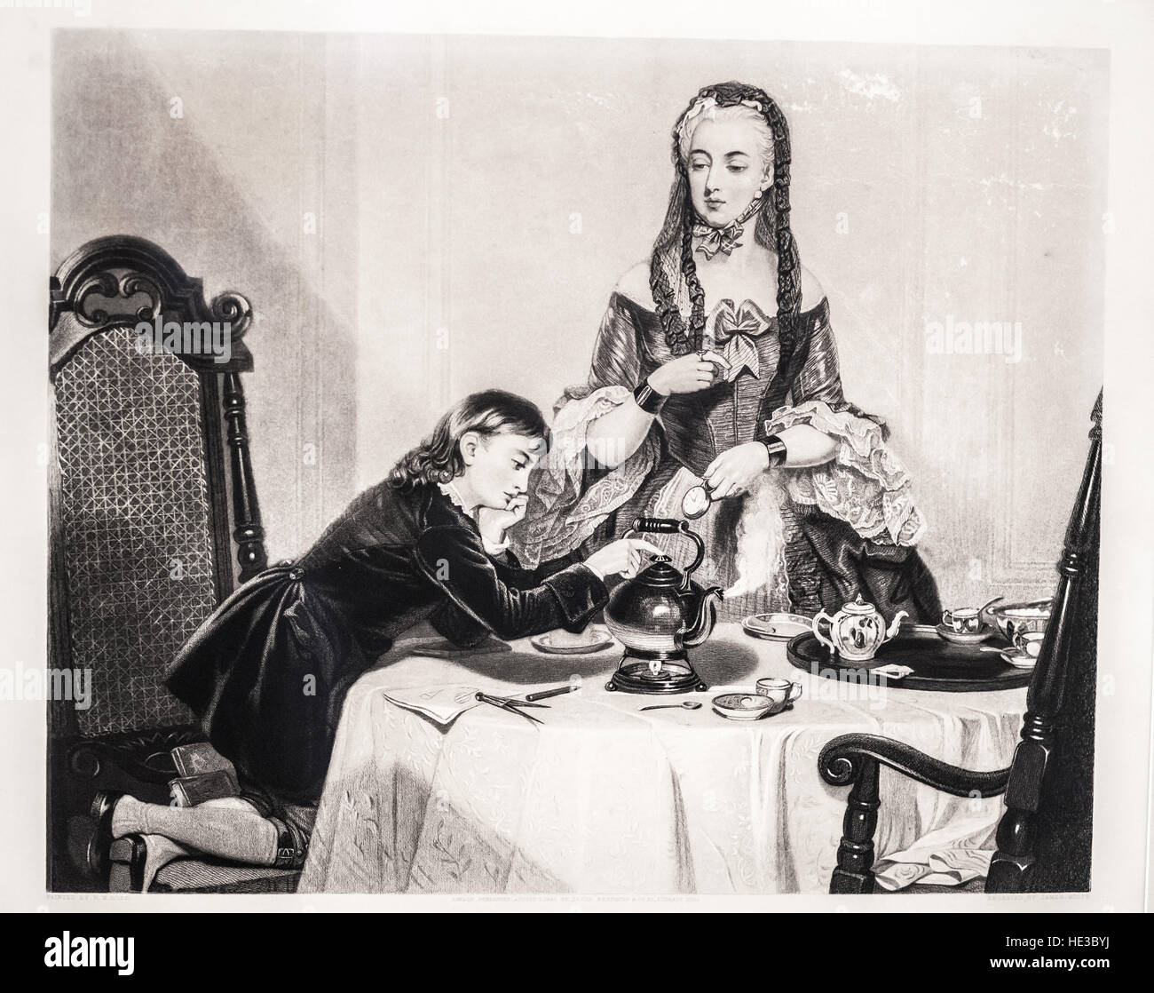 Science Museum London UK, attirer de James Watt's première expérience de la vapeur, gravure par James Scott Banque D'Images