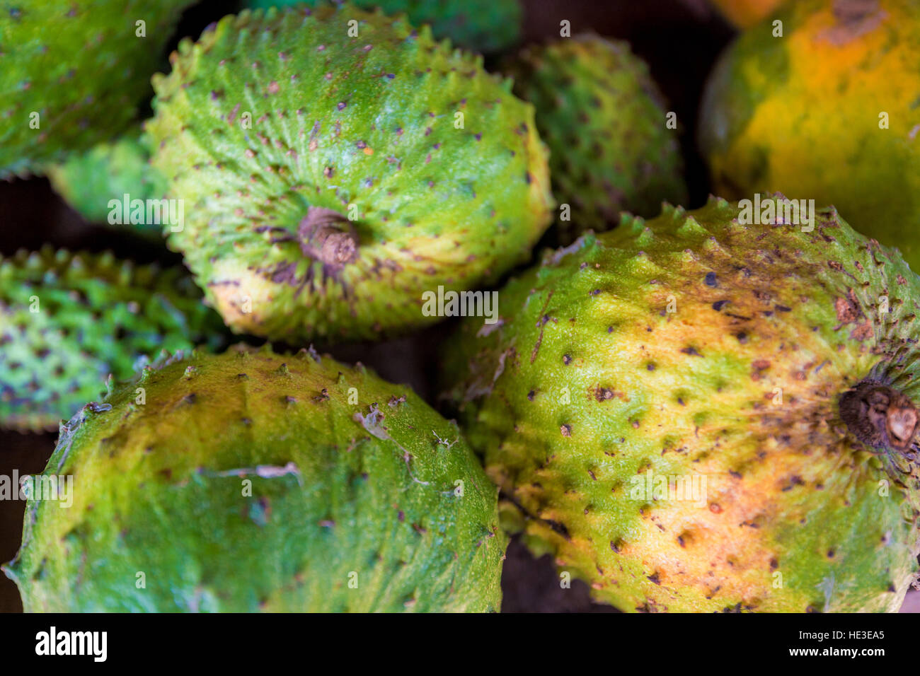 Corossol fruit sur le marché asiatique ou Annona muricata assortiment en vente Banque D'Images