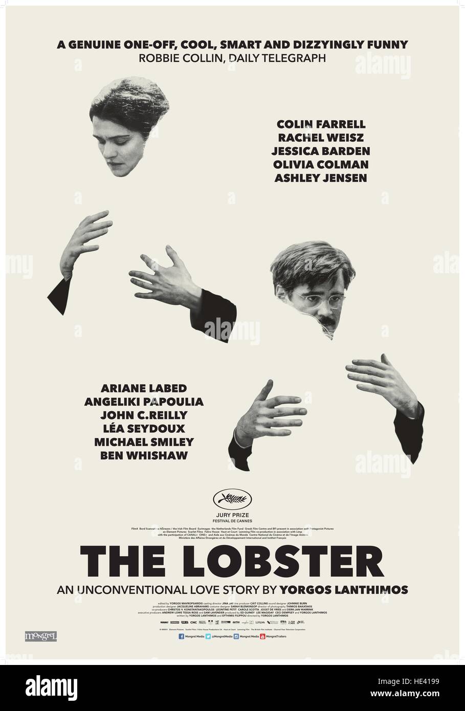 DATE DE SORTIE : Mai 13, 2016 Title : Le homard STUDIO : Sony Pictures Réalisateur : Yorgos Lanthimos Résumé : Dans un futur proche dystopique, les personnes seules, d'après les lois de la ville, sont prises à l'hôtel, où ils sont obligés de trouver un partenaire romantique dans quarante-cinq jours ou sont transformés en bêtes et envoyés au loin dans les bois avec : Rachel Weisz Colin Farrell Poster Art (Crédit : © Sony Pictures Entertainment/Photos/ZUMAPRESS.com) Banque D'Images