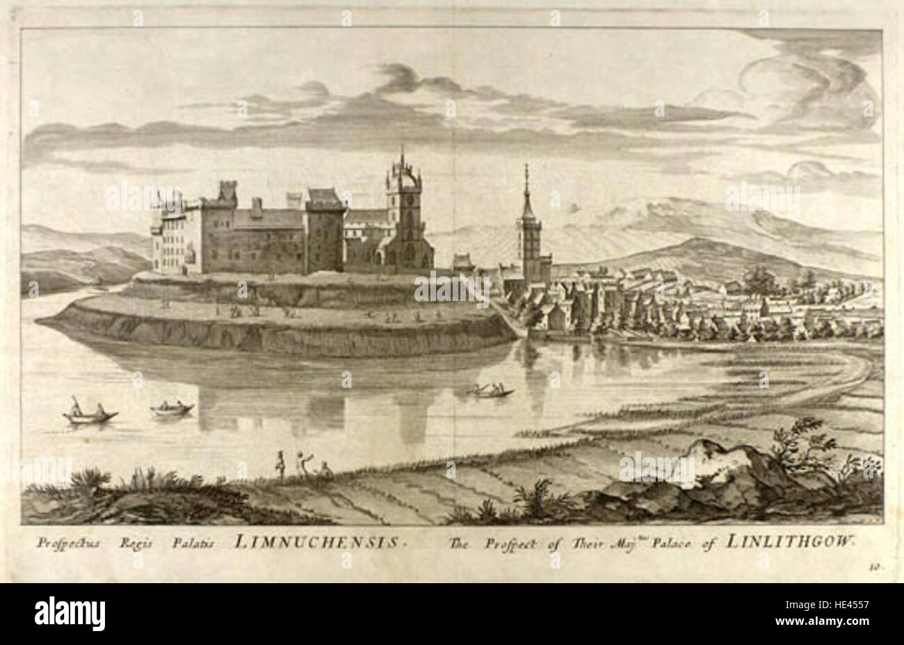Une gravure du XVIIe siècle de John Slezer, « The Prospect of Their Maj'Ties Palace of Linlithgow », représente la grandeur du palais de Linlithgow, un site historique d'Écosse, autrefois la demeure de Marie, reine d'Écosse. Banque D'Images