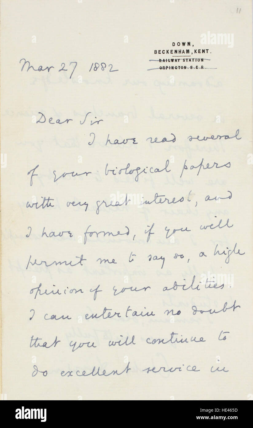 Une lettre de référence historique écrite par Charles Darwin pour Patrick Geddes, soulignant leur relation intellectuelle et les contributions de Geddes au domaine des sciences sociales. La lettre donne un aperçu de leur respect mutuel et de leur esprit de collaboration dans les cercles scientifiques du XIXe siècle. Banque D'Images