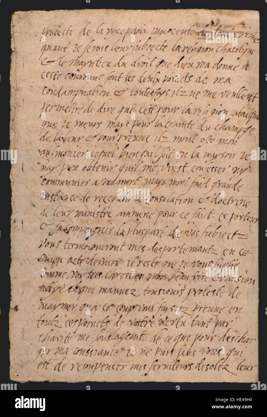 Marie, reine d'Écosse, a écrit sa dernière lettre peu avant son exécution en 1587, un document historique reflétant son statut royal et les circonstances ayant conduit à sa fin tragique en Écosse. Banque D'Images