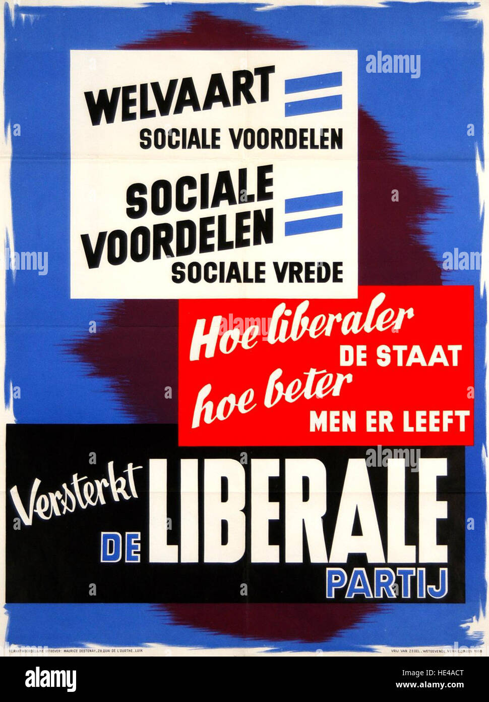 L’affiche électorale du Parti libéral belge de 1958, connue sous le nom de *Liberale verkiezingsci*, est un artefact historique du passé politique de la Belgique. L'affiche capture le design et le message politique de l'époque. Banque D'Images