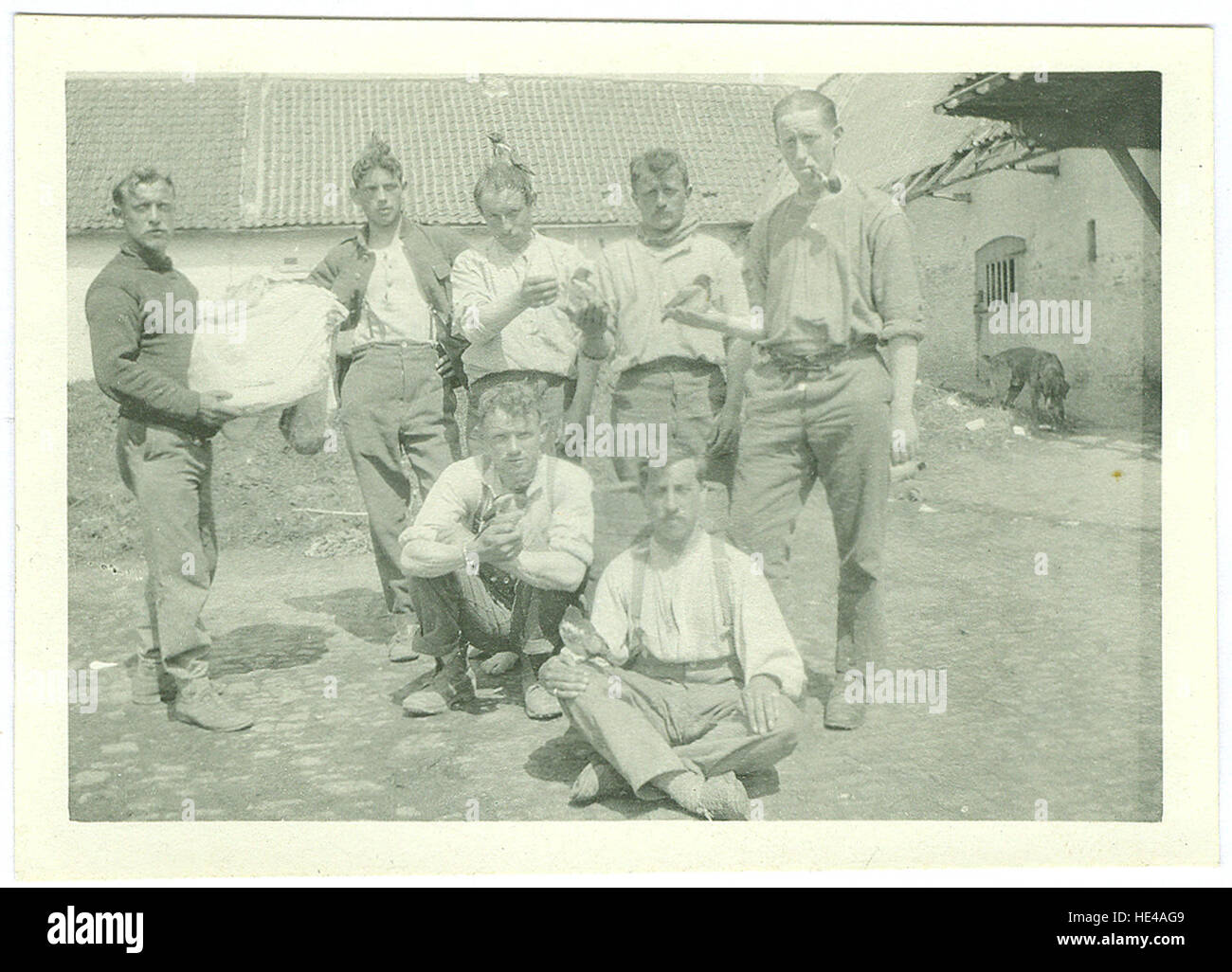 Cette photographie capture des soldats engagés dans l'observation des oiseaux, une activité inhabituelle mais pacifique dans le contexte de la guerre. L'image met en évidence le contraste entre la dureté de la guerre et la tranquillité de la nature. Banque D'Images