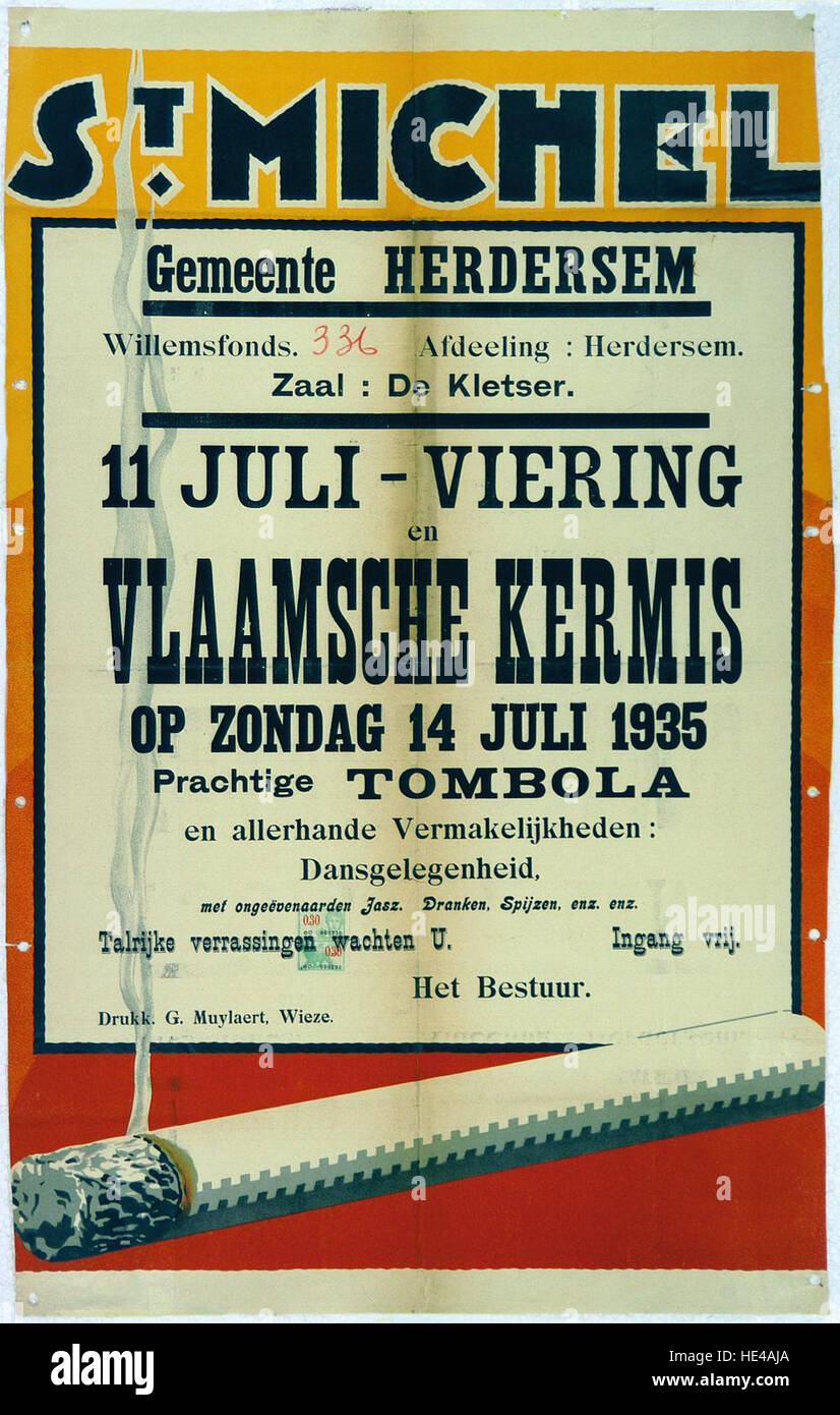 L'affiche Willemsfonds Herdersem de 1935 est une affiche vintage représentant un moment historique. Le design illustre l'art graphique belge du début du XXe siècle, avec une typographie audacieuse et des références culturelles pertinentes à l'époque. Banque D'Images