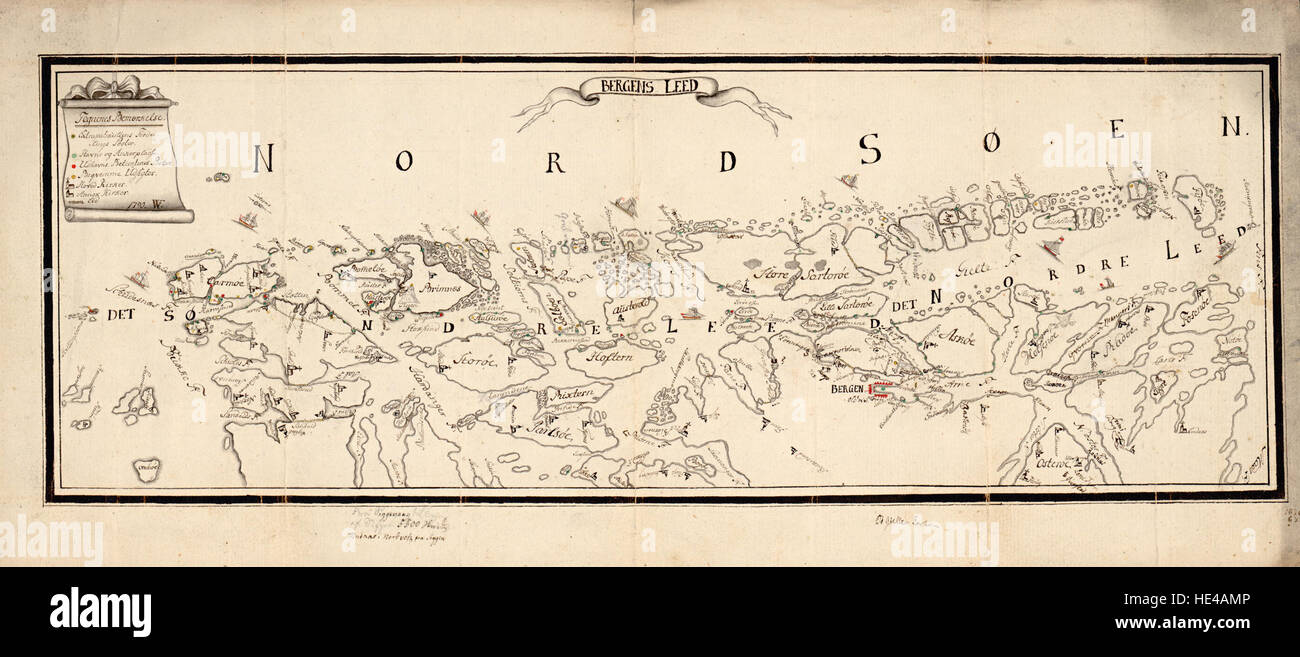 Une carte dessinée à la main du Nasjonalbiblioteket, présentant le littoral de Karmøy à Fedje, et capturant la géographie ancienne de Bergen, Hordaland et Rogaland. Banque D'Images