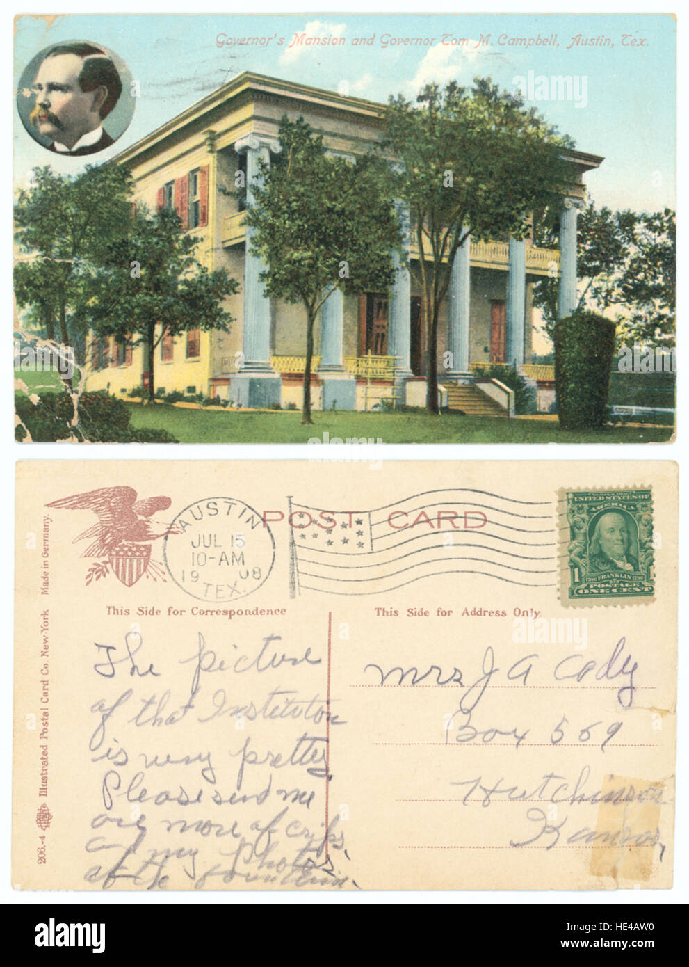 Cette image historique montre le manoir du gouverneur à Austin, au Texas, aux côtés du gouverneur Tom M. Campbell. La photographie souligne la grandeur architecturale du manoir et l'importance de la gouvernance texane. Banque D'Images