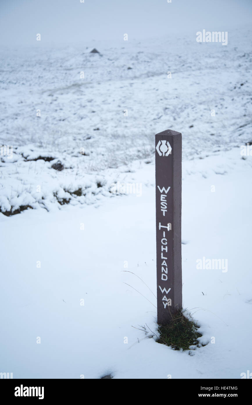West Highland way sentier de grande marqueur, Rannoch Moor, en Écosse. Banque D'Images
