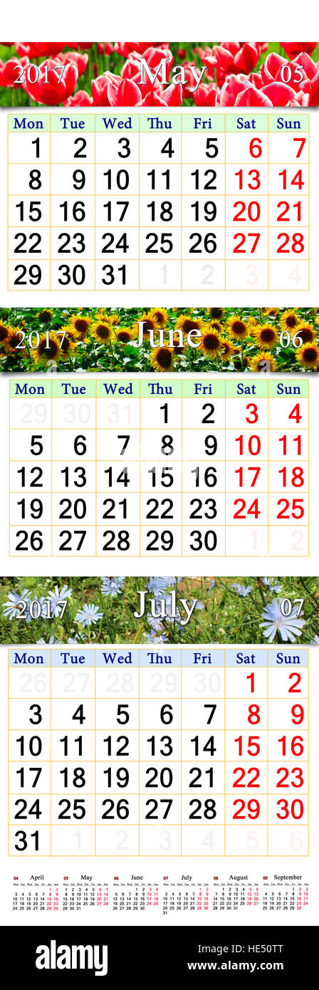 Calendrier mural pour trois mois mai juin et juillet 2017 avec les photos de la nature Banque D'Images